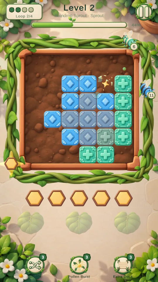 Bloom Loop level in progress with bees flying the vine loop and Shuffle, Pollen Burst and Extra Dock boosters at the bottom