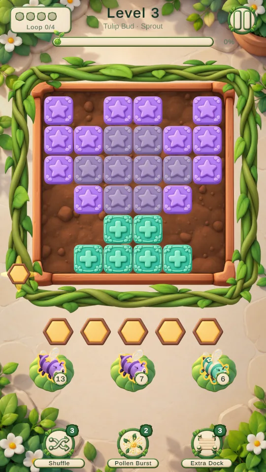 Bloom Loop puzzle board with purple and mint flower tiles inside a vine frame, five empty honeycomb docks and three bees waiting below