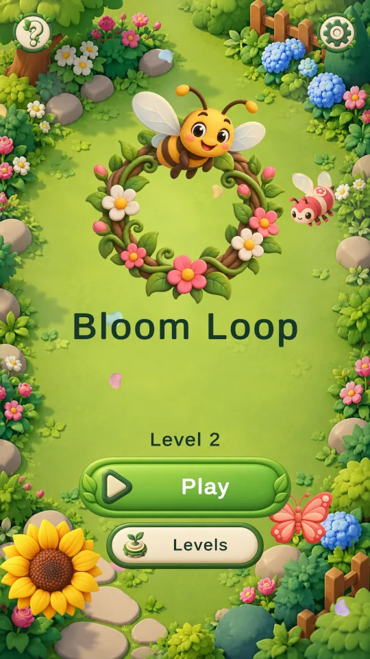Bloom Loop home screen with a bee flying over a flower wreath and Play and Levels buttons