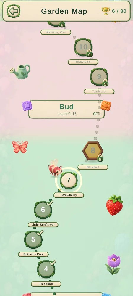 Bloom Loop garden map showing numbered level nodes on a winding path with the Bud chapter banner