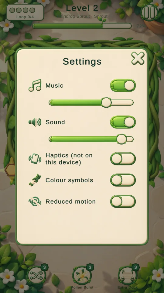 Bloom Loop settings panel with music, sound, haptics, colour symbols and reduced motion toggles