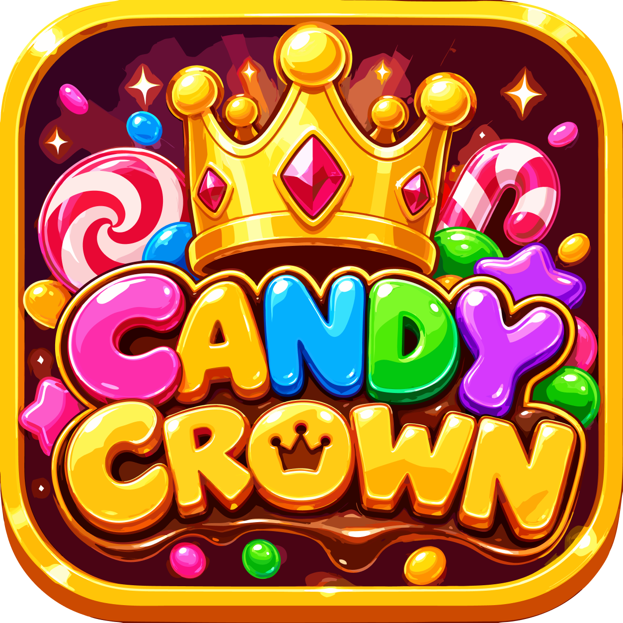 Candy Crown game artwork, with a golden crown and colorful candy lettering