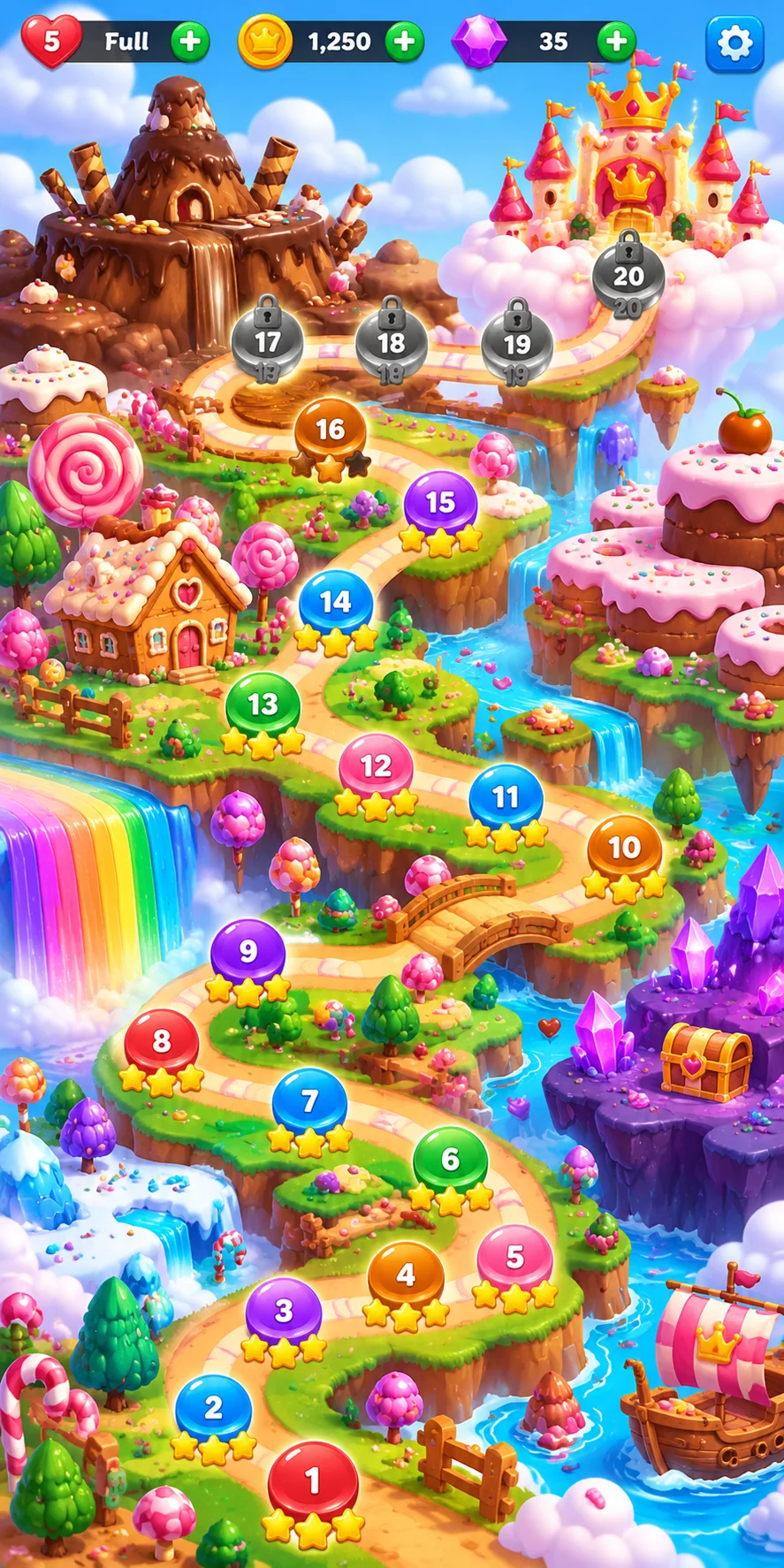 Candy Crown level map winding through colorful candy scenery