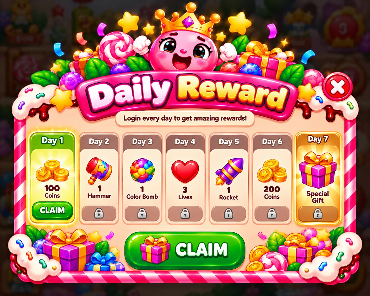 Candy Crown Daily Reward panel with a seven-day reward calendar
