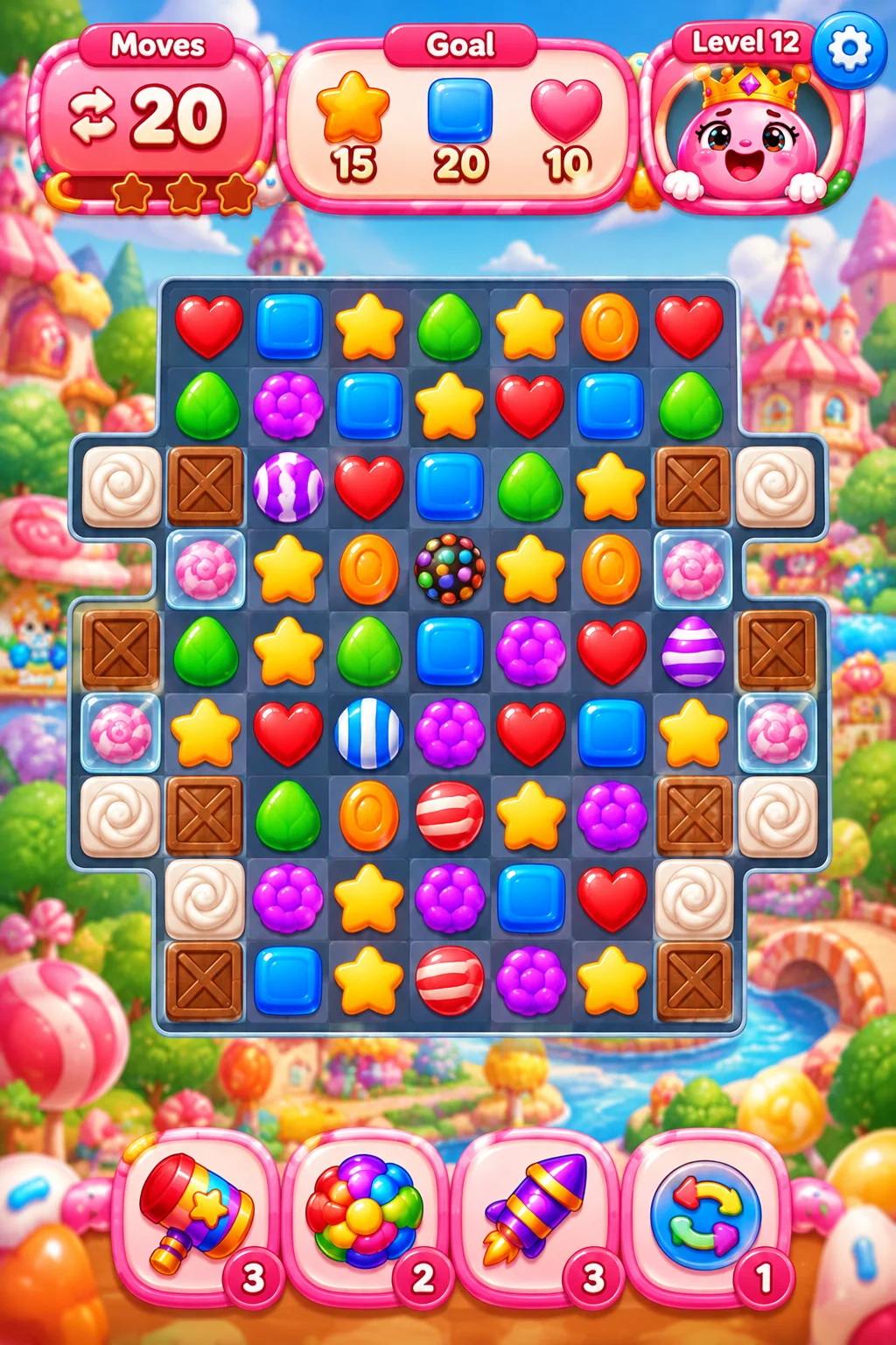 Candy Crown puzzle board showing colorful candies, a move counter, level goals and boosters