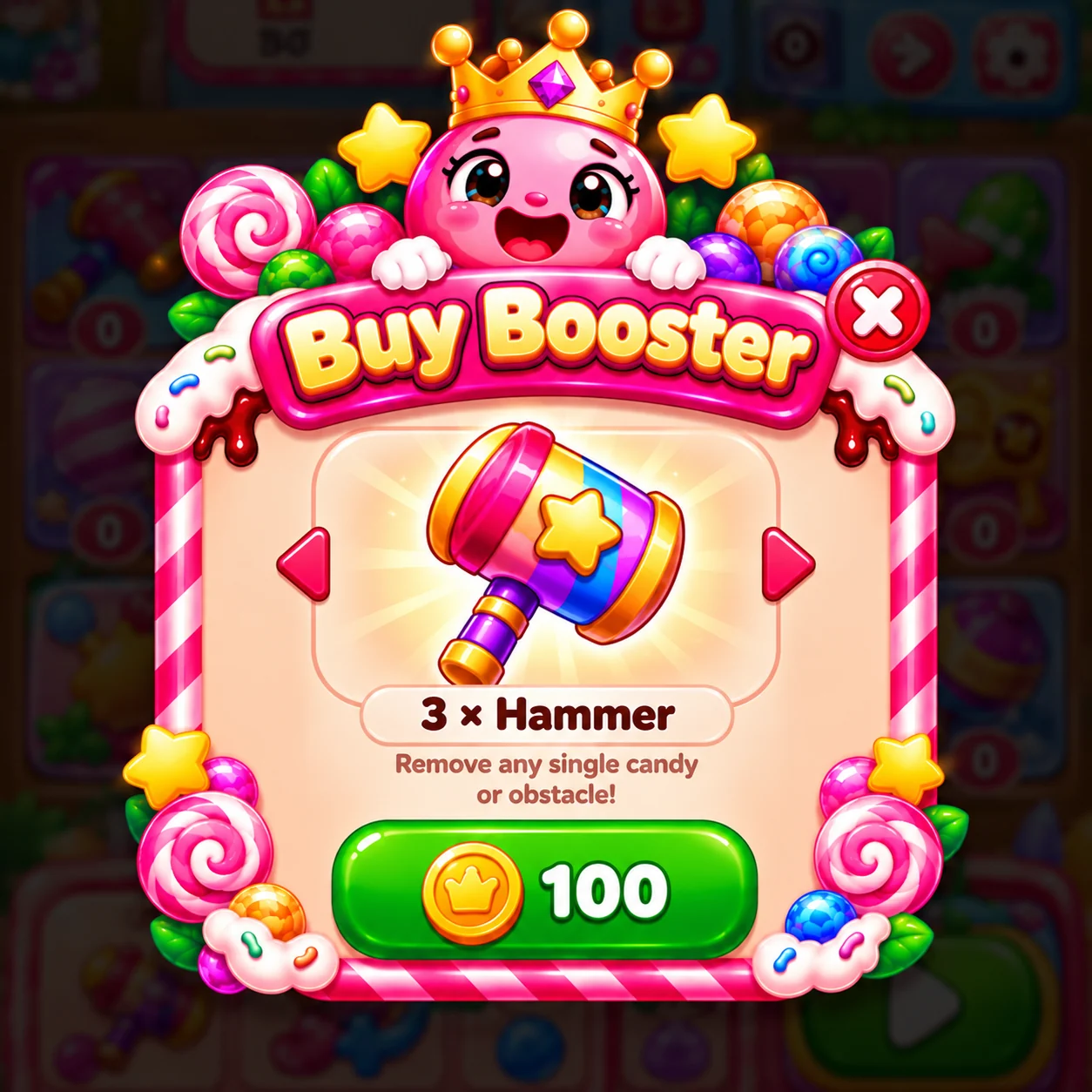 Candy Crown Hammer booster panel with its candy-themed artwork