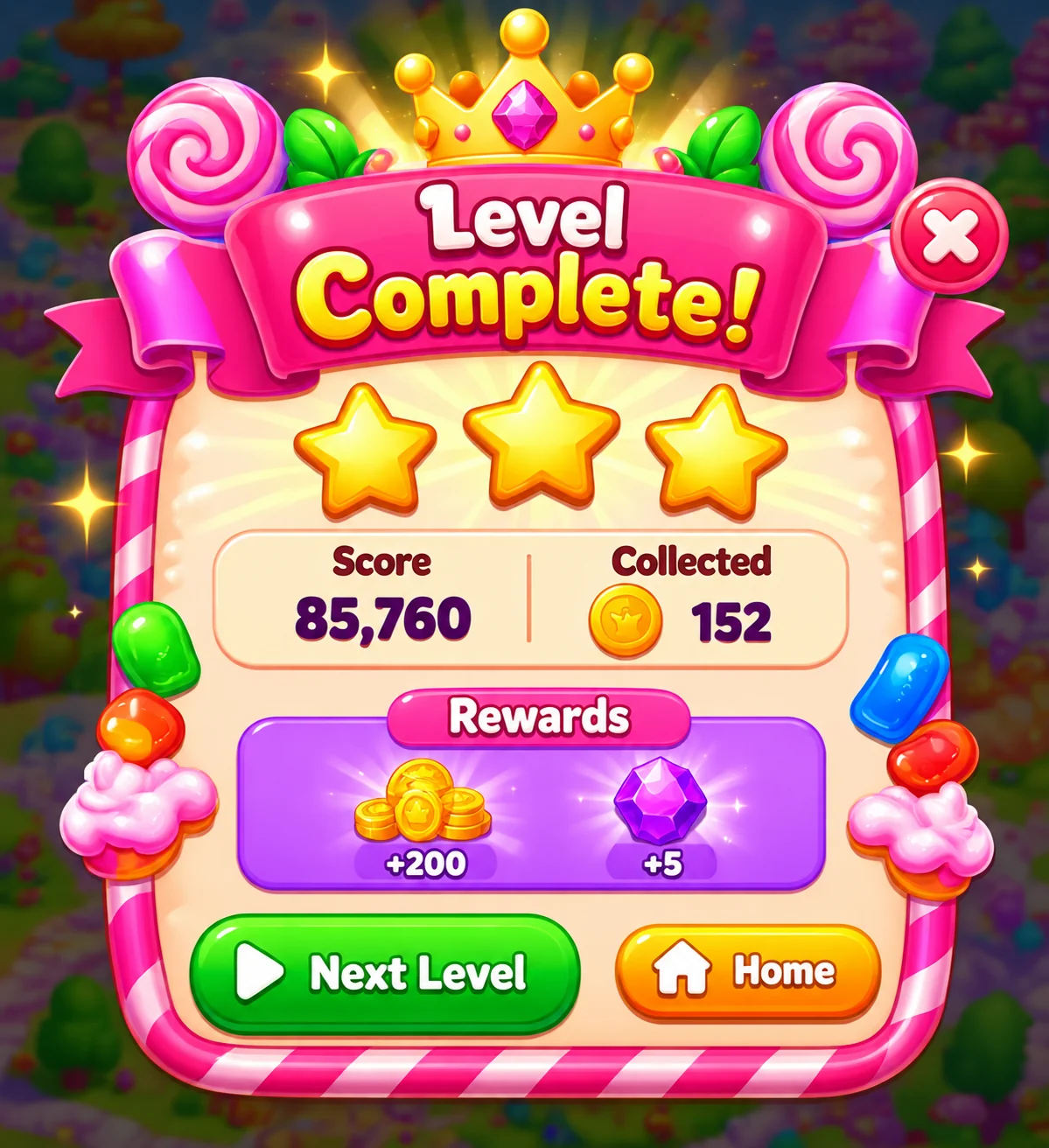 Level Complete panel showing stars, score and rewards