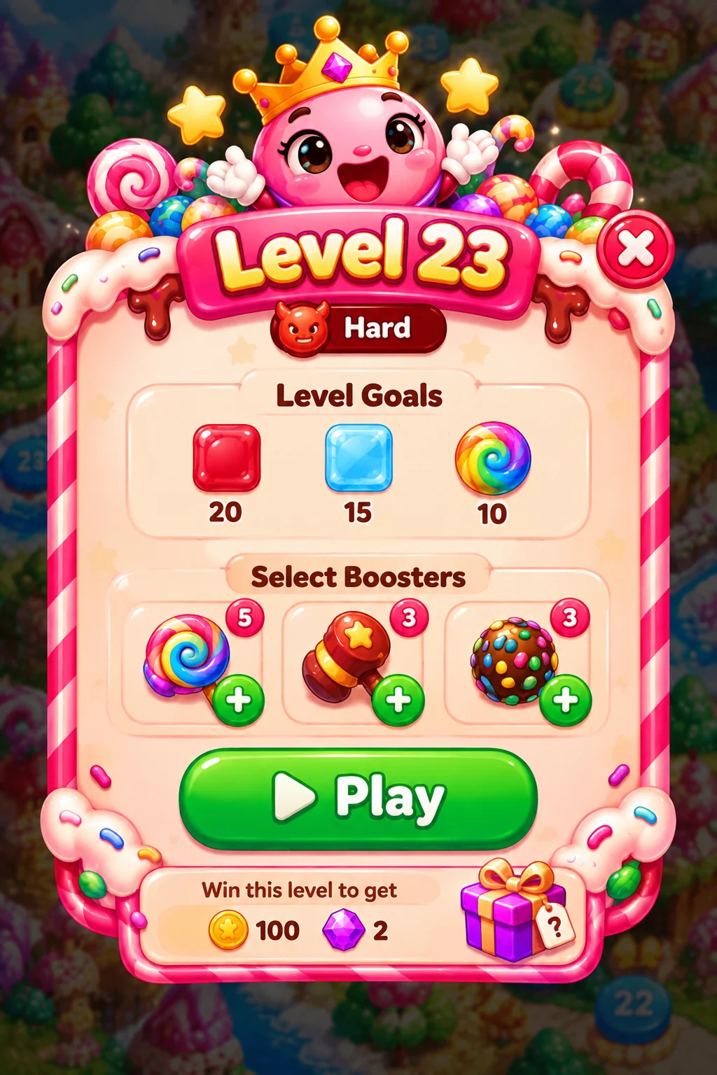 Level 23 panel showing its goals and booster choices