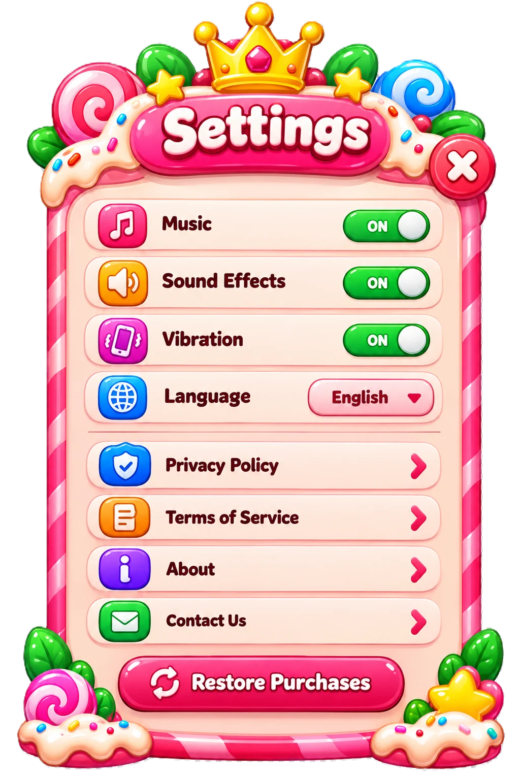 Candy Crown Settings panel with sound, language and help options