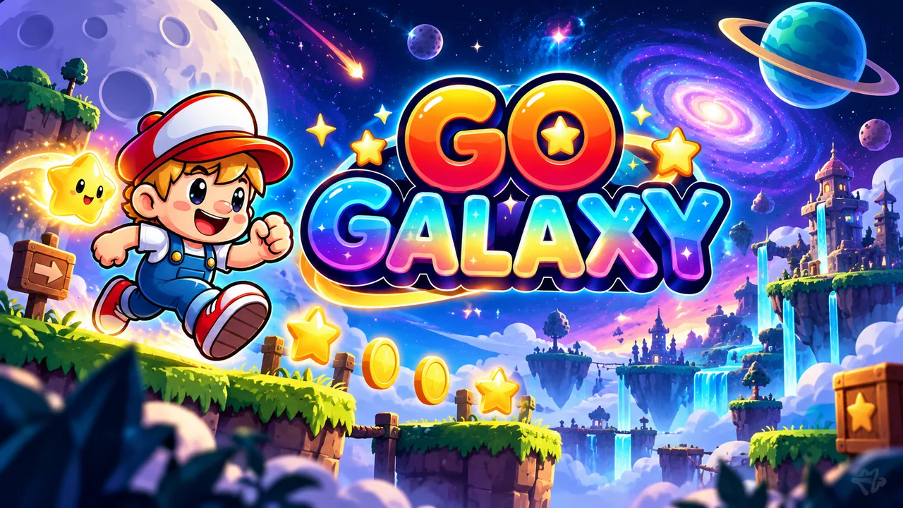 Go Galaxy key art: Mario running across a floating island under a ringed planet