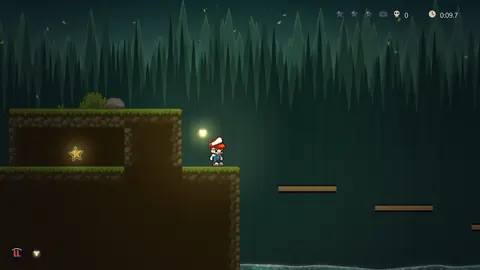 Whispering Woods: a firefly beside Mario in a dark green forest