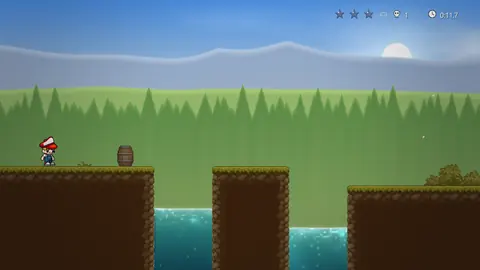 Sunfield: Mario at the edge of a river in a bright green valley