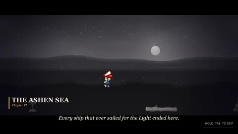 The Ashen Sea chapter title card over a grey moonlit shore