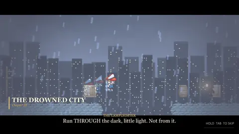 The Drowned City chapter title card with the Lamplighter speaking