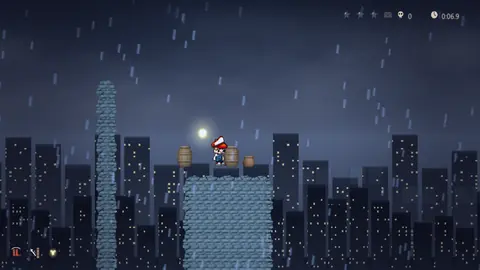 Drowned City: Mario on a rooftop in the rain with a city skyline behind