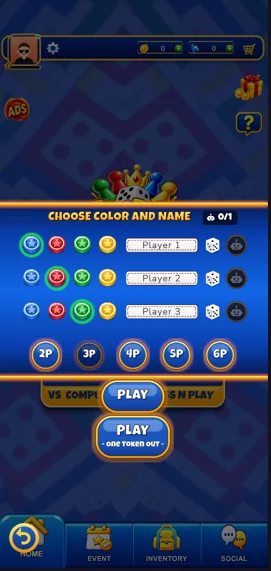 Choose colour and name screen for a three-player Ludo game