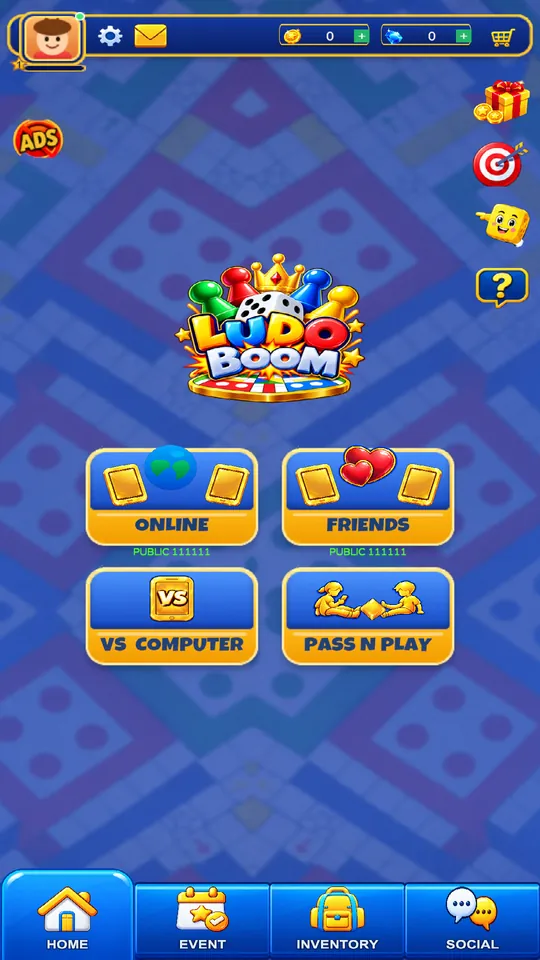 Ludo Boom King home screen with Online, Friends, VS Computer and Pass N Play buttons
