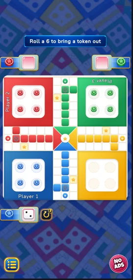 Ludo board during a match with the hint Roll a 6 to bring a token out