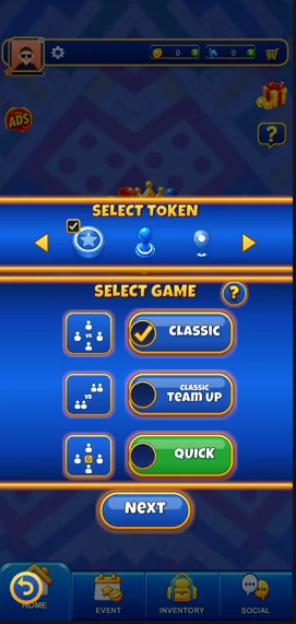 Select token and select game screen with Classic, Team Up and Quick