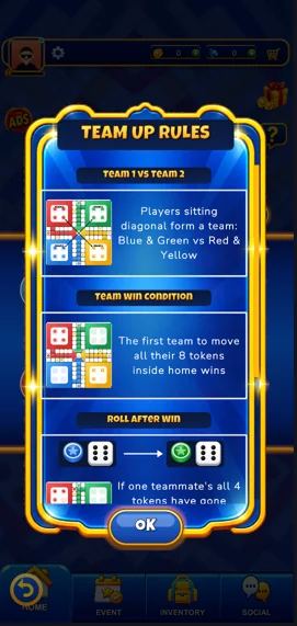 Team Up rules popup explaining teams, win condition and roll after win