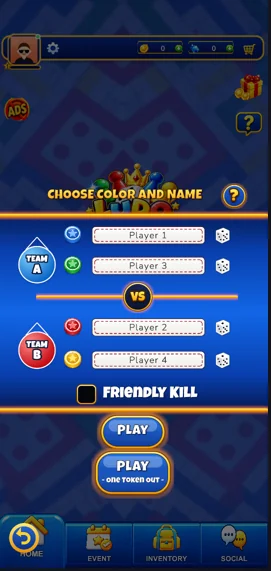 Team Up setup screen with Team A and Team B and a Friendly Kill switch