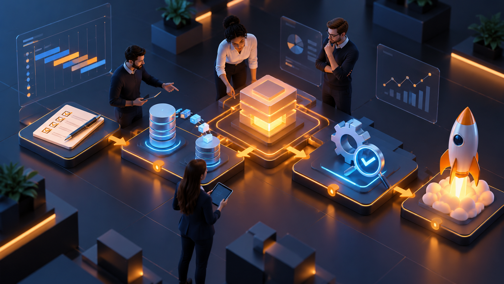 A team collaborating around a connected implementation workflow