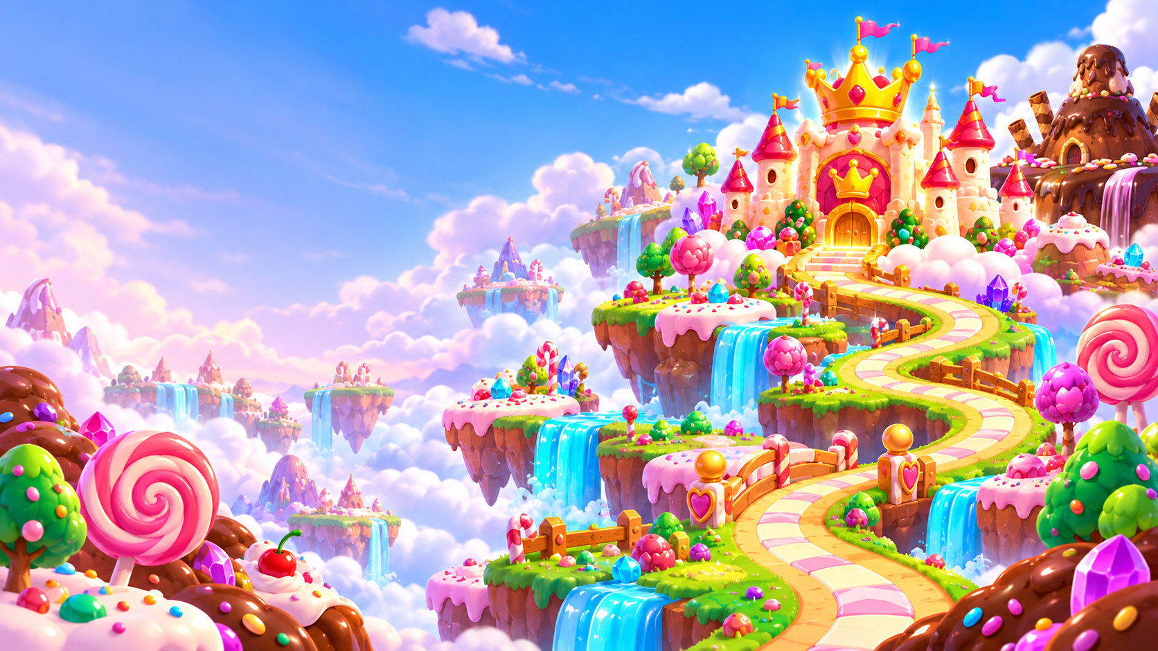 Candy kingdom with a winding path leading to the crown castle