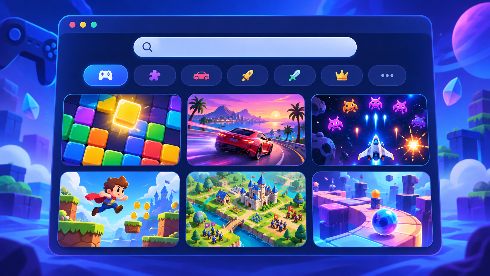Illustrated Playzy browser games portal with colorful game tiles